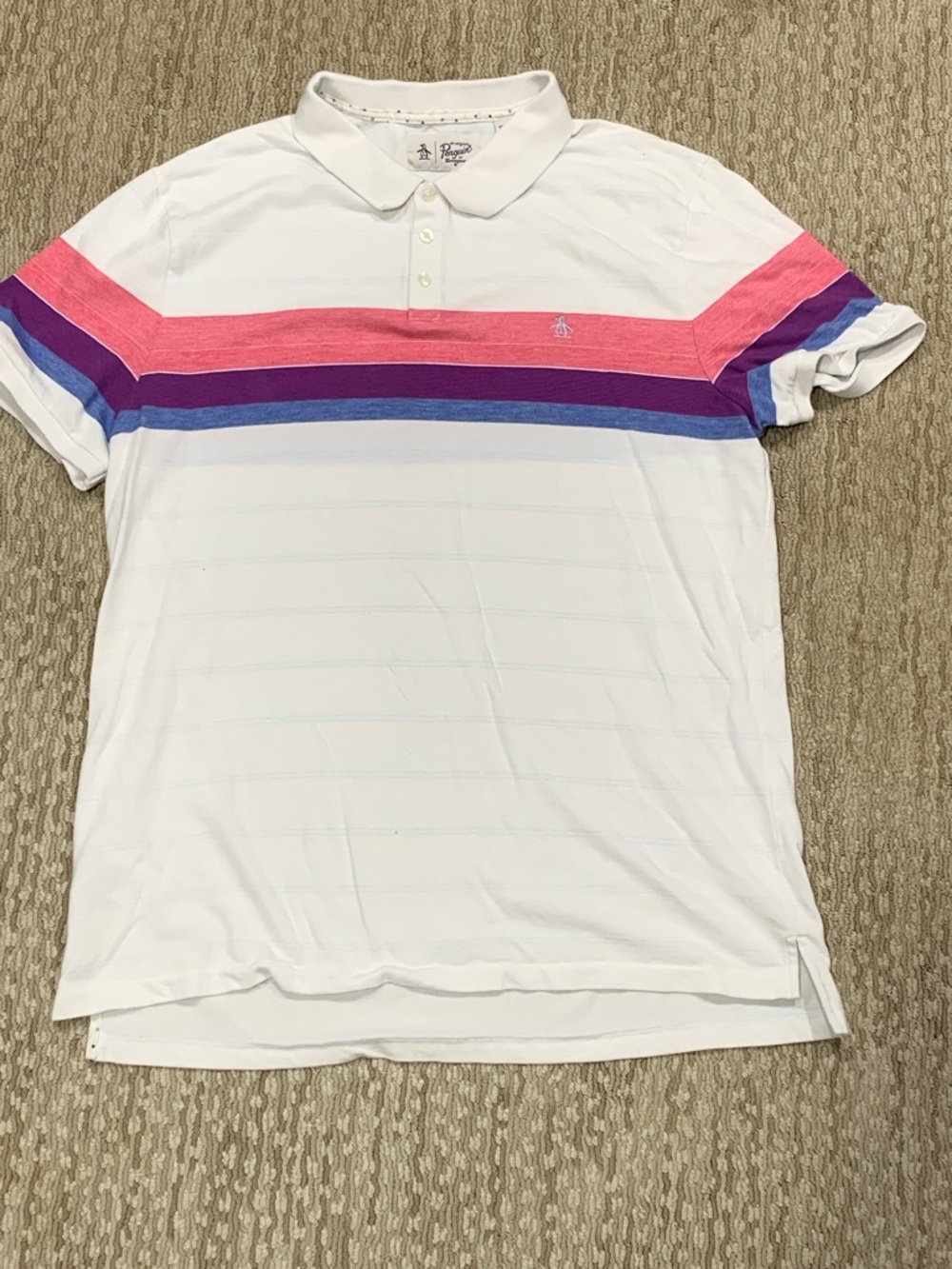 Original Penguin White Polo with Pink and Purple Chest Stripes (384)
